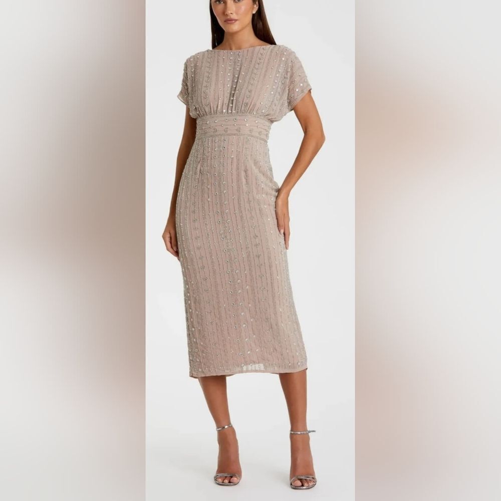 Mac Duggal 93649 Beaded Cap Sleeve Empire Waist Sheath Midi Dress NWT Sz 4 Mocha